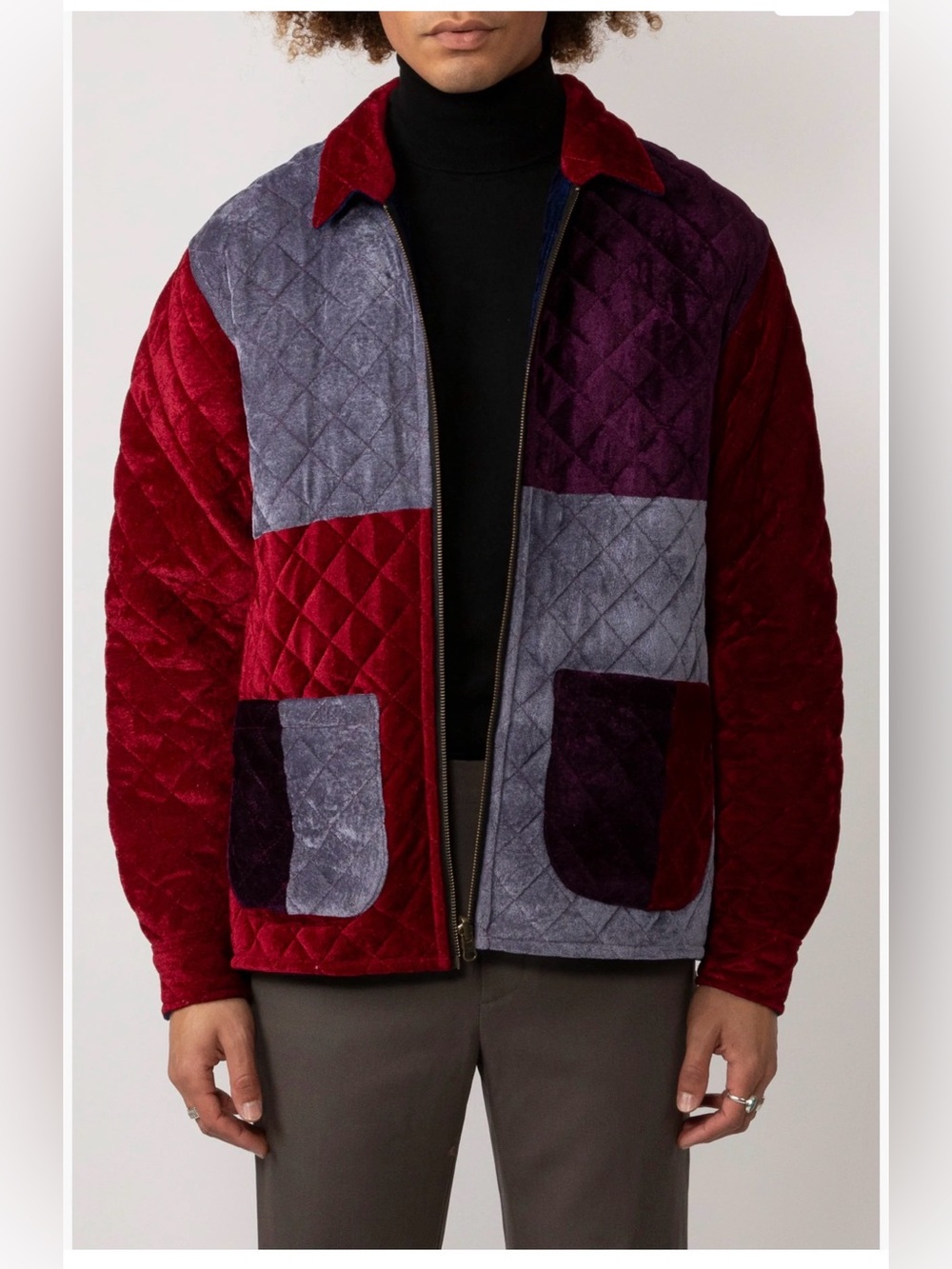 Colorblock Quilted Velvet Bomber Jacket in Burgundy & Gray